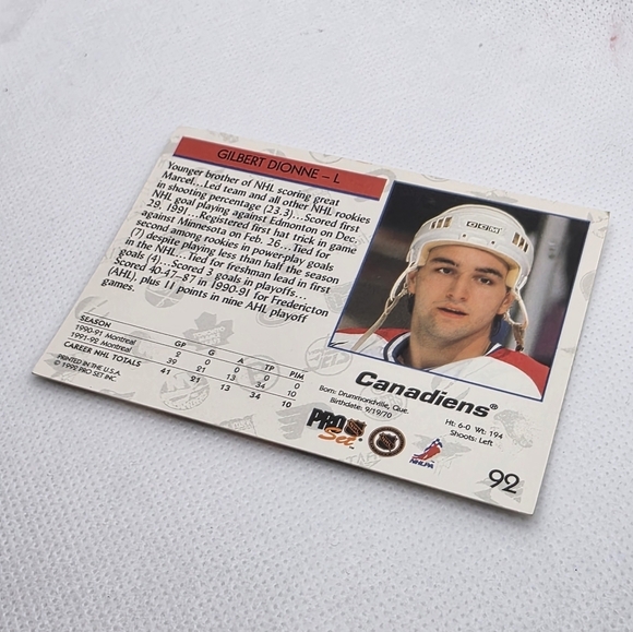 NHL 1992-93 Gilbert Dionne Montreal Canadiens #92 Pro Set Hockey Card - Picture 5 of 5